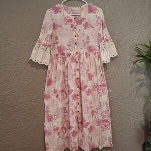 Bombay Pink Sundress with Bell Sleeves and Crew Neck Size S